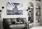 Sagrada Familia glass wall art styled in a contemporary living room
