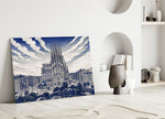 Sagrada Familia glass wall art leaning against a wall in a minimalist interior