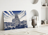Sagrada Familia glass wall art leaning against a wall in a minimalist interior