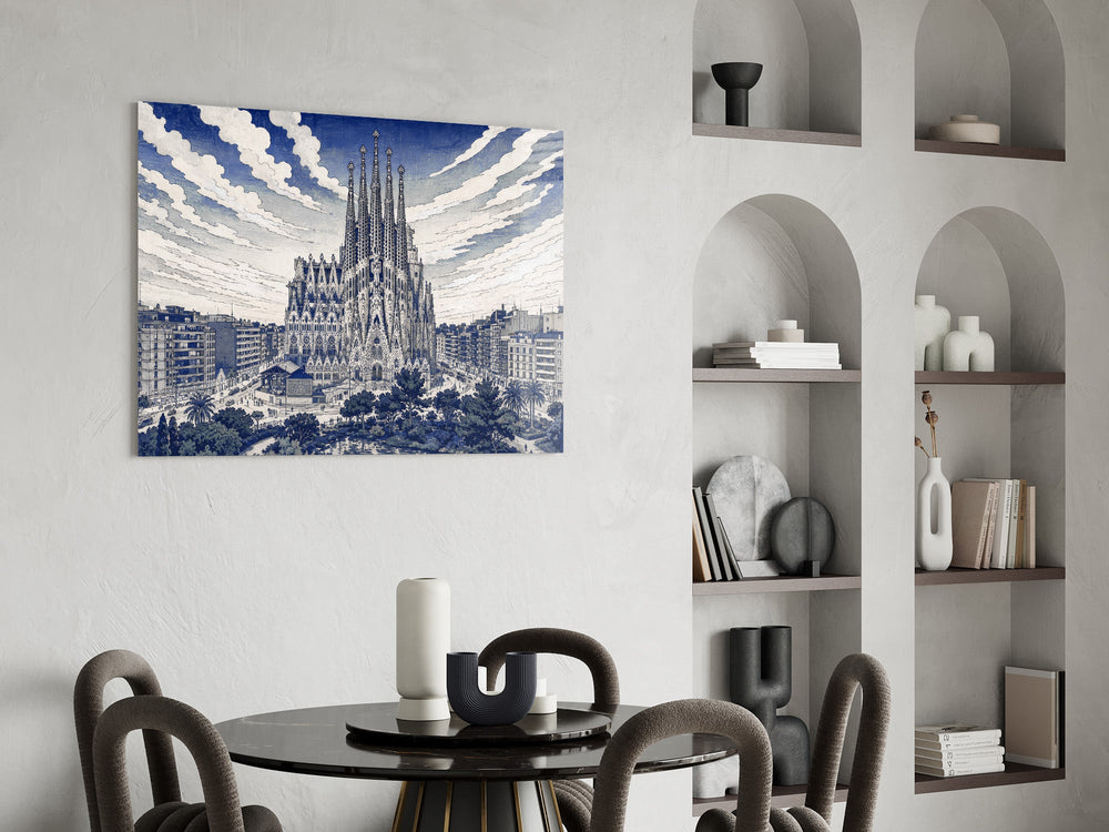 Sagrada Familia glass wall art shown in a warm, styled interior setting