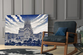 Sagrada Familia glass wall art hanging as a focal point in a modern room