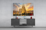 Sagrada Familia glass wall art displayed above a console in a modern interior