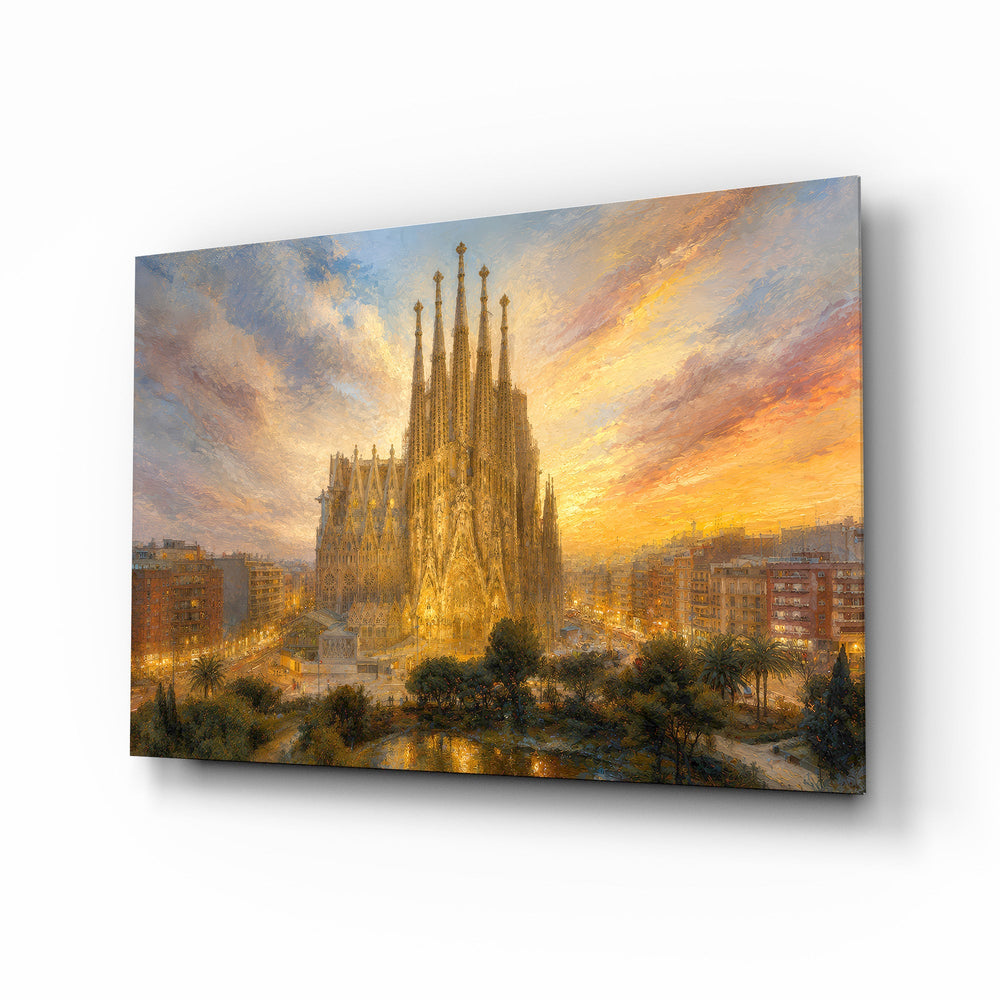 Sagrada Familia glass wall art, angled view of the tempered glass panel