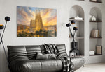 Sagrada Familia glass wall art styled in a contemporary living room