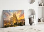 Sagrada Familia glass wall art leaning against a wall in a minimalist interior