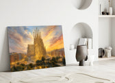 Sagrada Familia glass wall art leaning against a wall in a minimalist interior