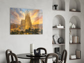 Sagrada Familia glass wall art shown in a warm, styled interior setting