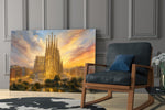 Sagrada Familia glass wall art hanging as a focal point in a modern room