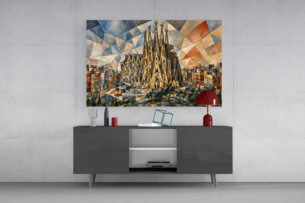 Sagrada Familia glass wall art displayed above a console in a modern interior