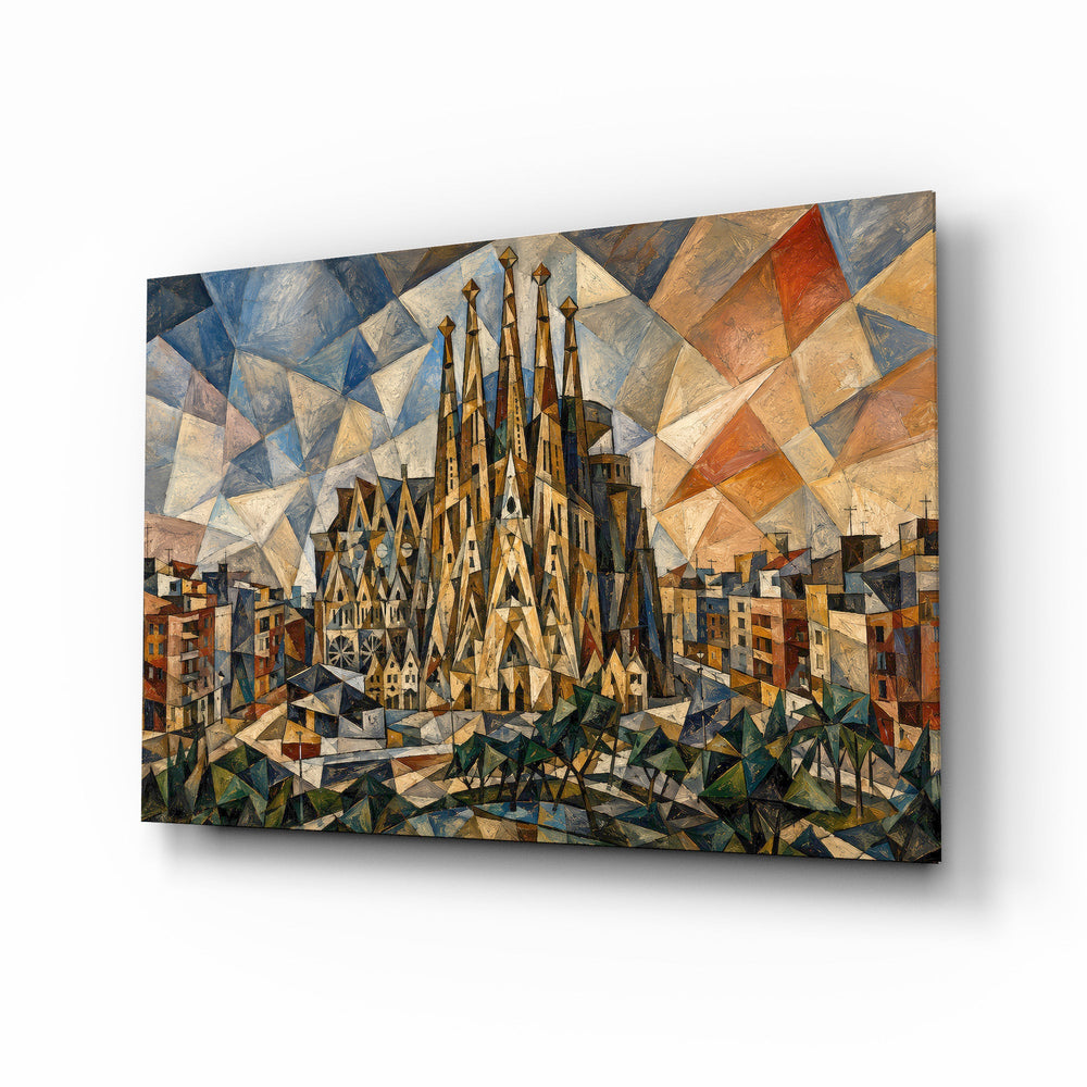 Sagrada Familia glass wall art, angled view of the tempered glass panel