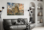 Sagrada Familia glass wall art styled in a contemporary living room