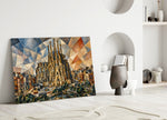 Sagrada Familia glass wall art leaning against a wall in a minimalist interior