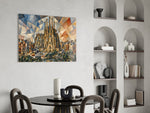 Sagrada Familia glass wall art shown in a warm, styled interior setting