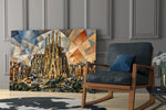 Sagrada Familia glass wall art hanging as a focal point in a modern room