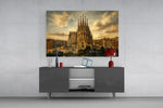 Sagrada Familia glass wall art displayed above a console in a modern interior