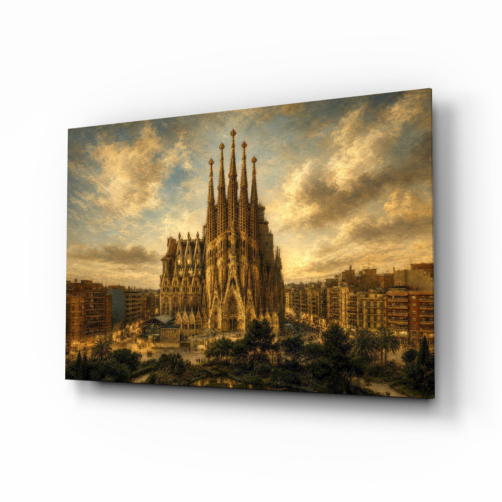 Sagrada Familia glass wall art, angled view of the tempered glass panel