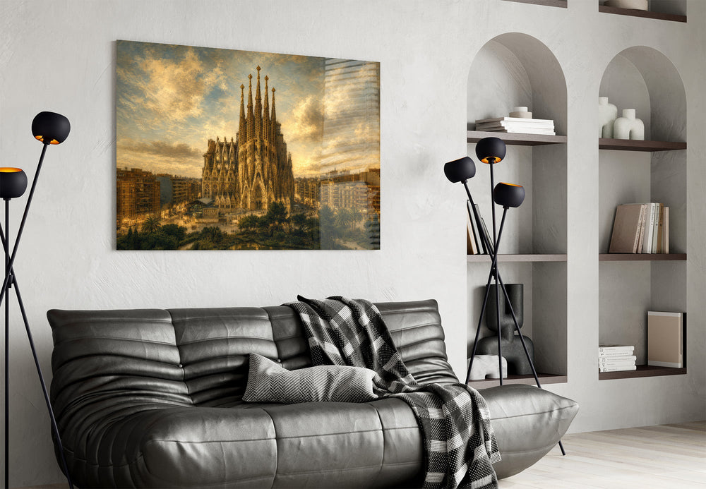 Sagrada Familia glass wall art styled in a contemporary living room