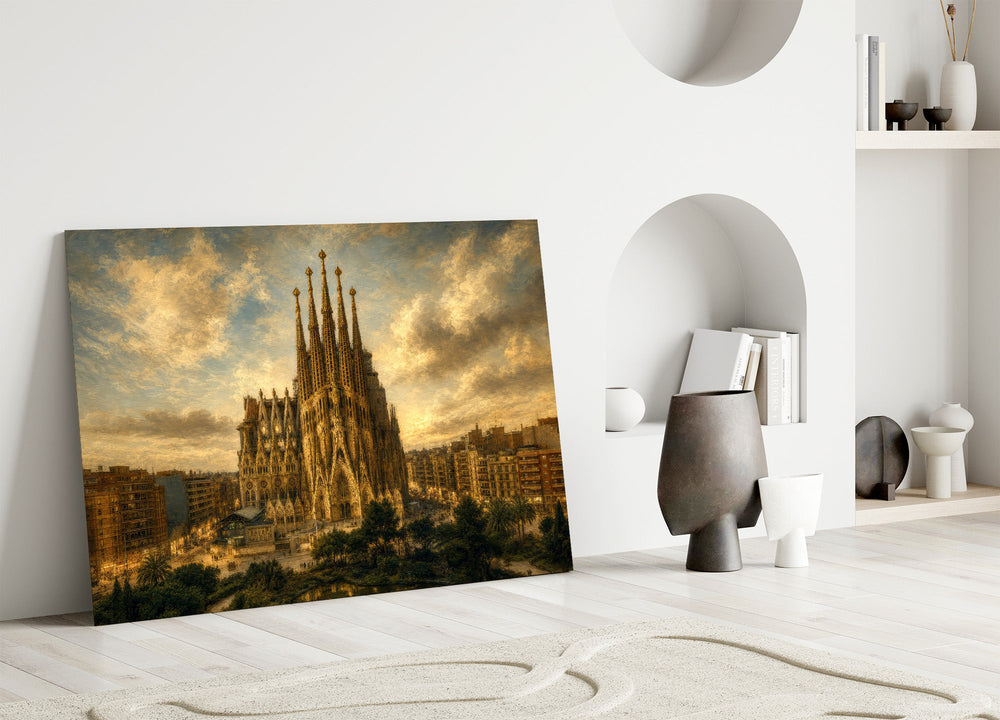 Sagrada Familia glass wall art leaning against a wall in a minimalist interior