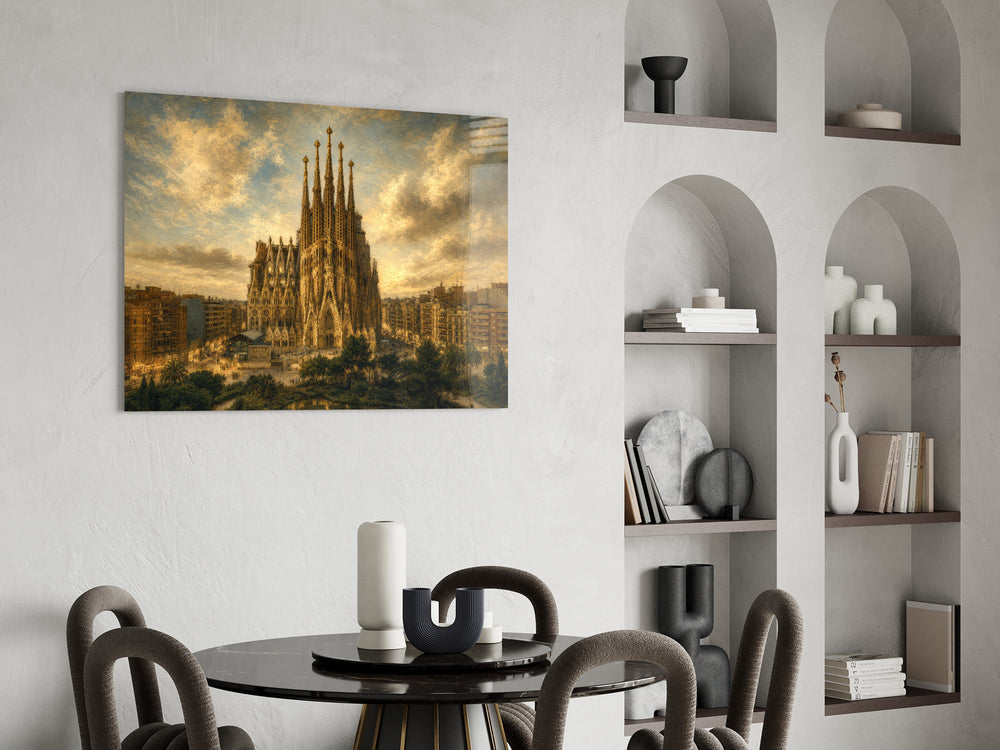 Sagrada Familia glass wall art shown in a warm, styled interior setting