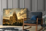 Sagrada Familia glass wall art hanging as a focal point in a modern room