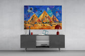 Pyramids of Giza glass wall art displayed above a console in a modern interior
