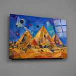 Pyramids of Giza glass wall art mounted flat on a grey wall