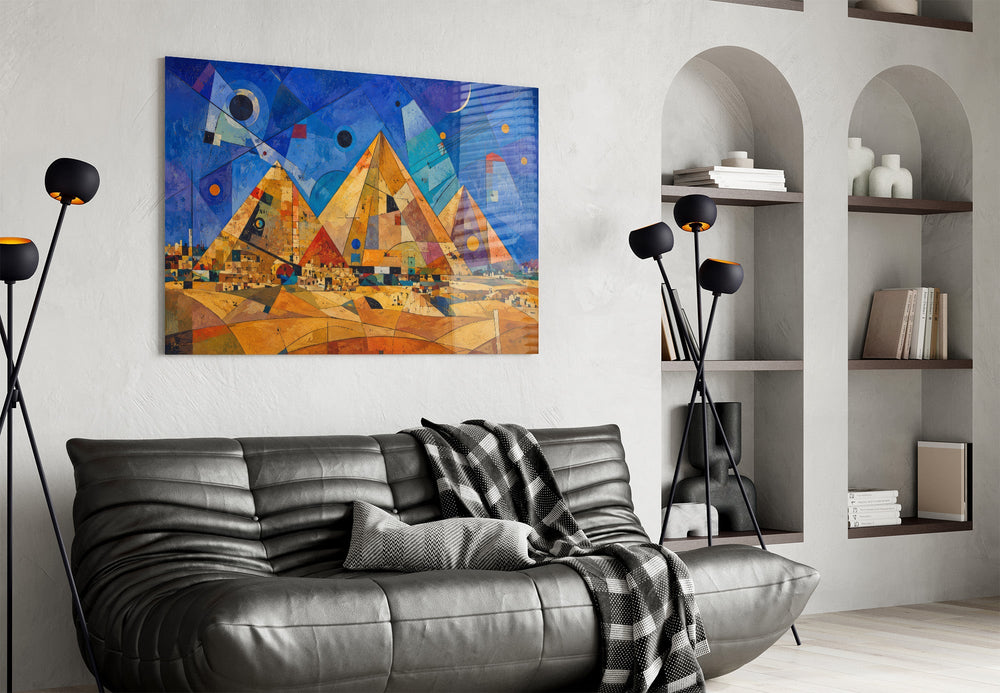Pyramids of Giza glass wall art styled in a contemporary living room