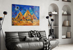 Pyramids of Giza glass wall art styled in a contemporary living room
