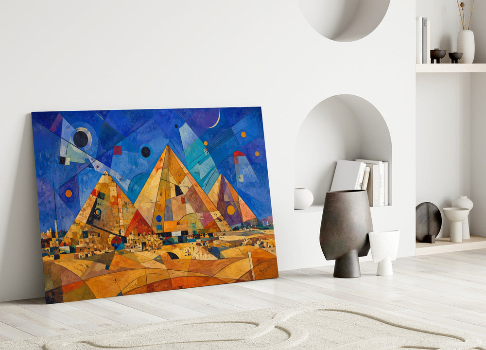 Pyramids of Giza glass wall art leaning against a wall in a minimalist interior