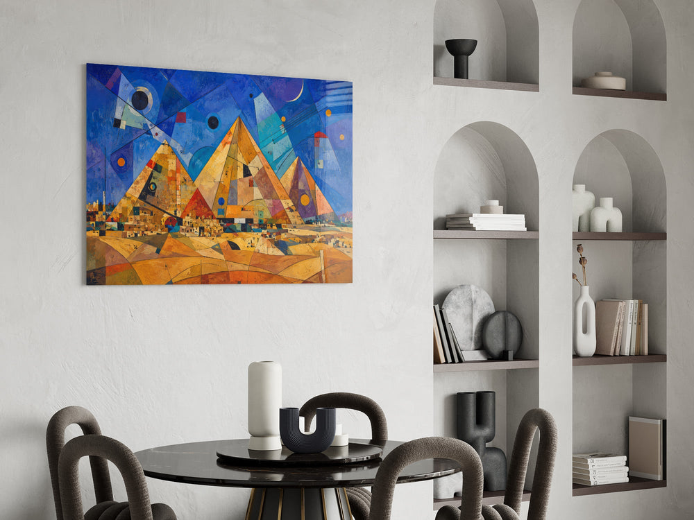 Pyramids of Giza glass wall art shown in a warm, styled interior setting