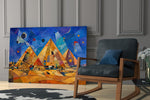 Pyramids of Giza glass wall art hanging as a focal point in a modern room
