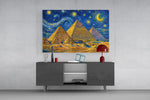 Pyramids of Giza glass wall art displayed above a console in a modern interior