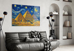 Pyramids of Giza glass wall art styled in a contemporary living room