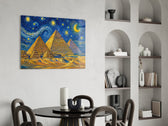 Pyramids of Giza glass wall art shown in a warm, styled interior setting