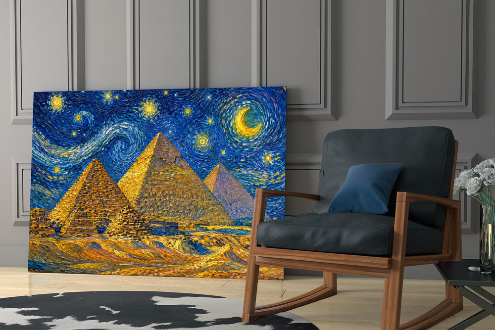 Pyramids of Giza glass wall art hanging as a focal point in a modern room