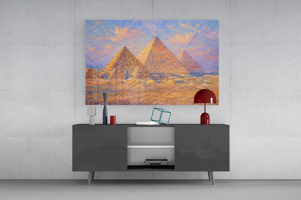 Pyramids of Giza glass wall art displayed above a console in a modern interior