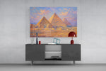 Pyramids of Giza glass wall art displayed above a console in a modern interior