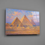 Pyramids of Giza glass wall art mounted flat on a grey wall