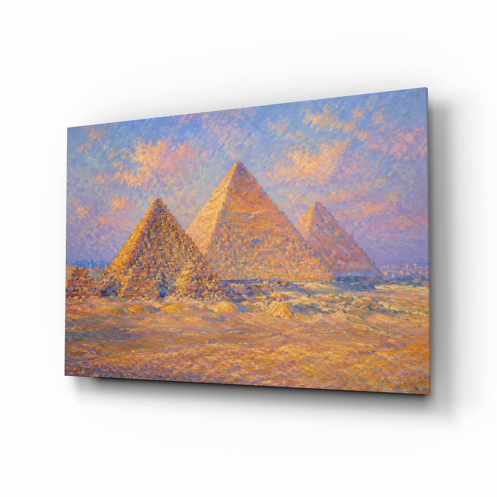 Pyramids of Giza glass wall art, angled view of the tempered glass panel