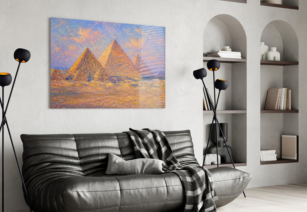 Pyramids of Giza glass wall art styled in a contemporary living room