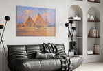 Pyramids of Giza glass wall art styled in a contemporary living room