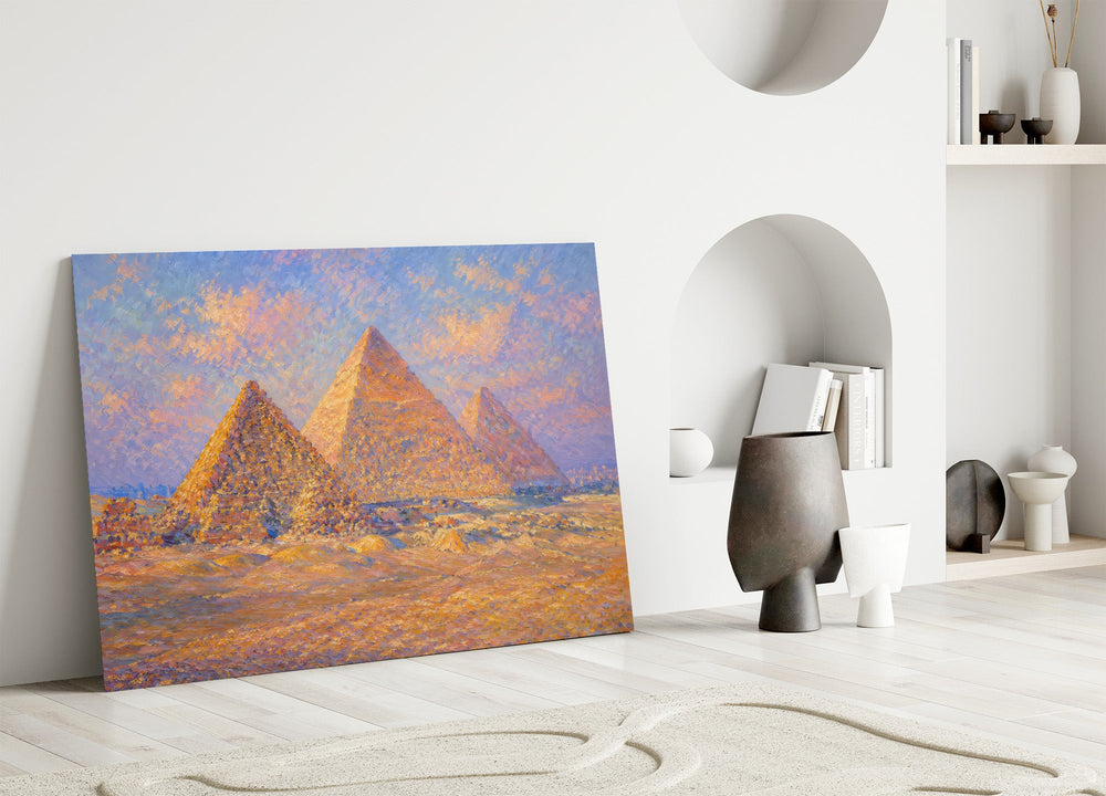 Pyramids of Giza glass wall art leaning against a wall in a minimalist interior