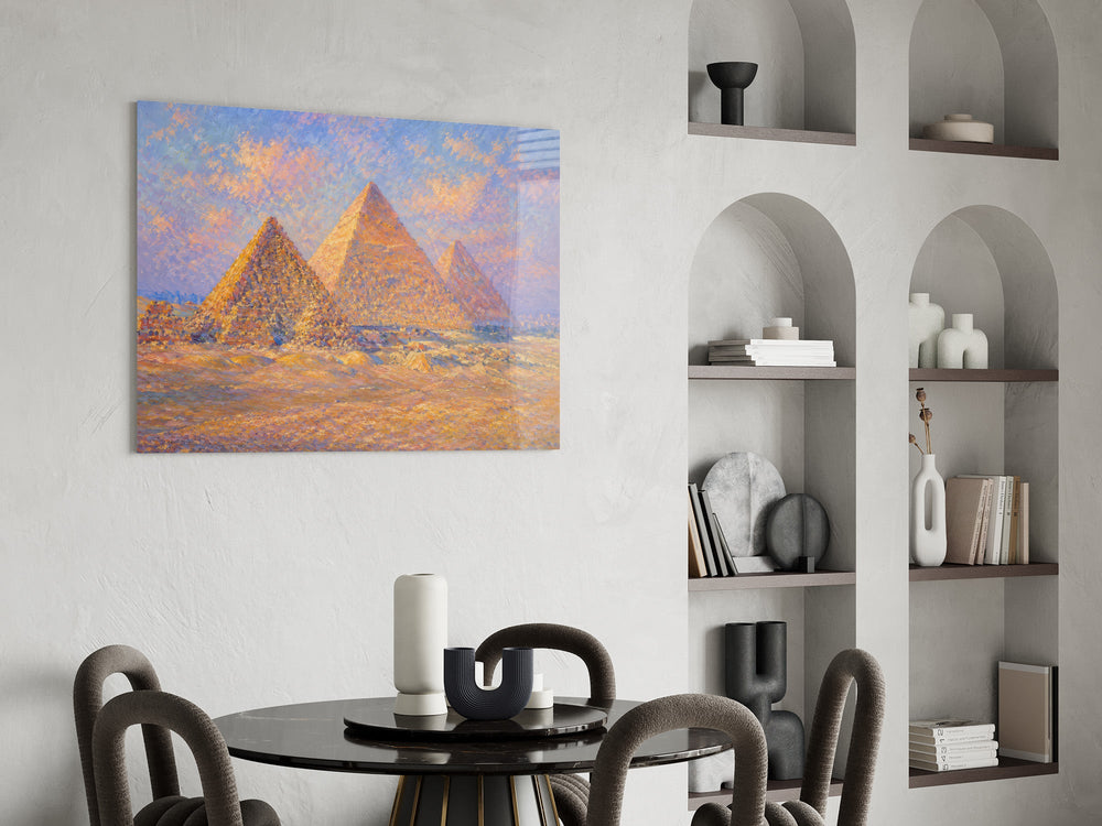 Pyramids of Giza glass wall art shown in a warm, styled interior setting