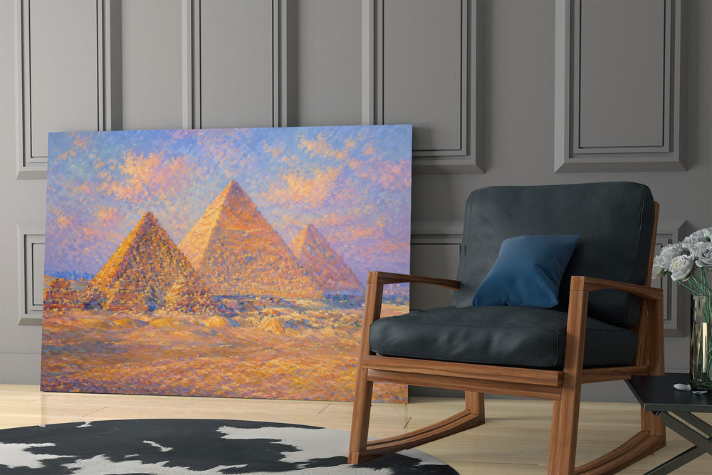 Pyramids of Giza glass wall art hanging as a focal point in a modern room