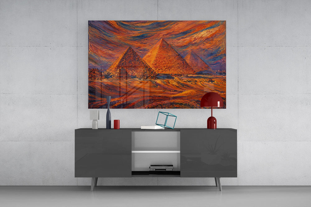 Pyramids of Giza glass wall art displayed above a console in a modern interior