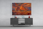 Pyramids of Giza glass wall art displayed above a console in a modern interior