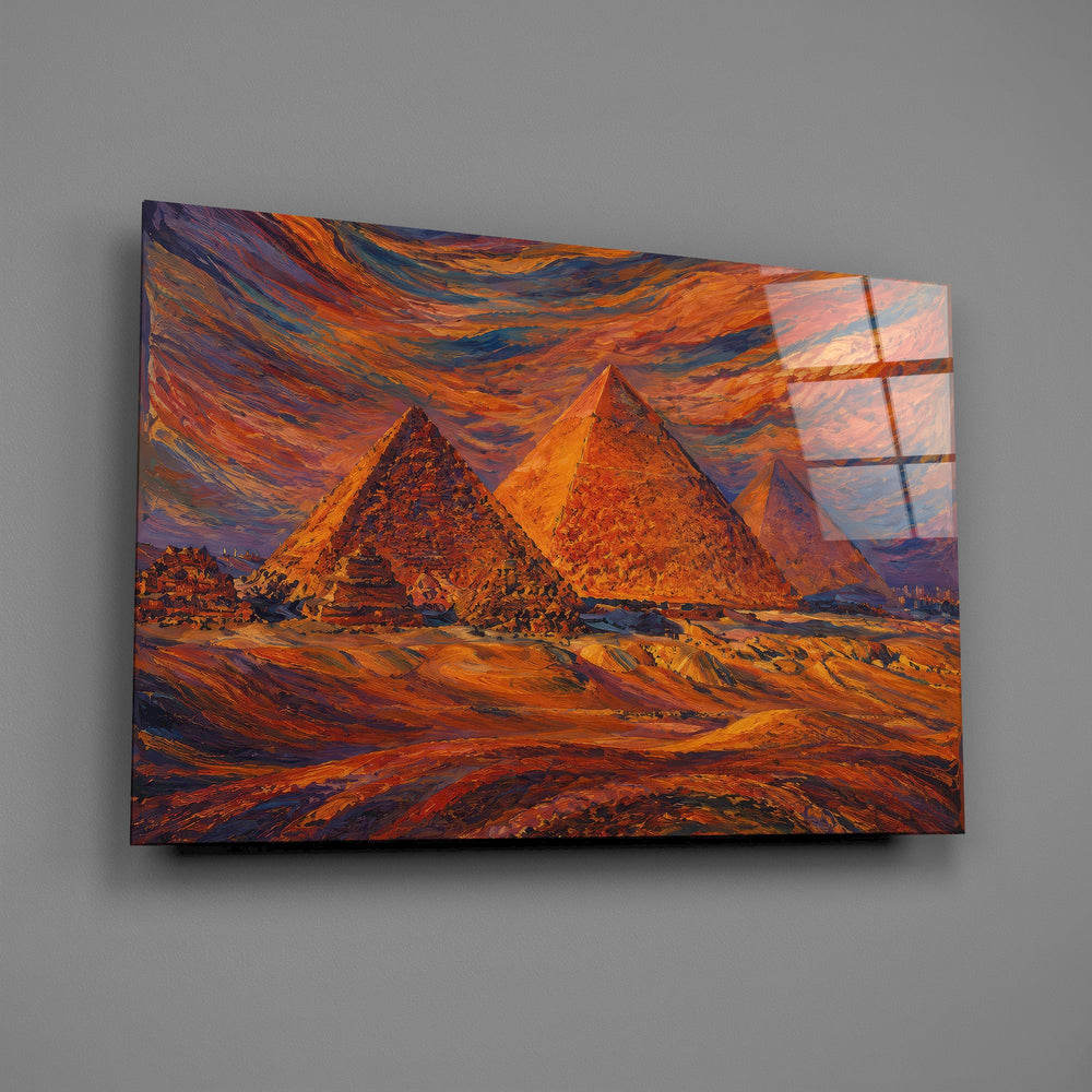 Pyramids of Giza glass wall art mounted flat on a grey wall