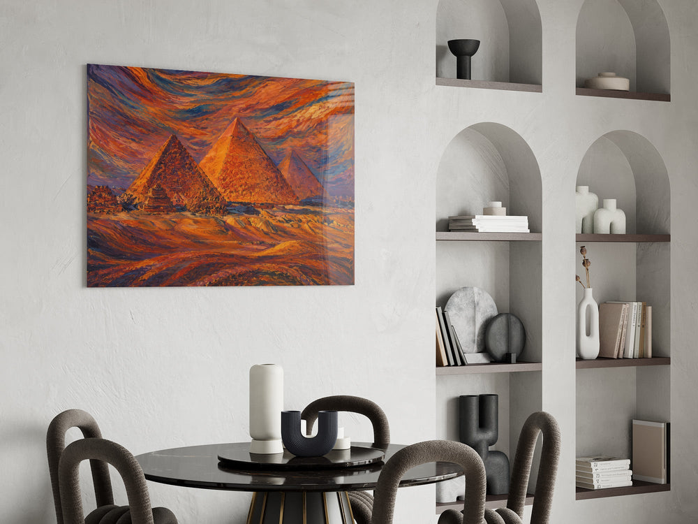 Pyramids of Giza glass wall art shown in a warm, styled interior setting