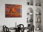 Pyramids of Giza glass wall art shown in a warm, styled interior setting