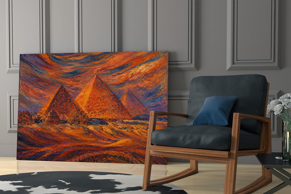 Pyramids of Giza glass wall art hanging as a focal point in a modern room